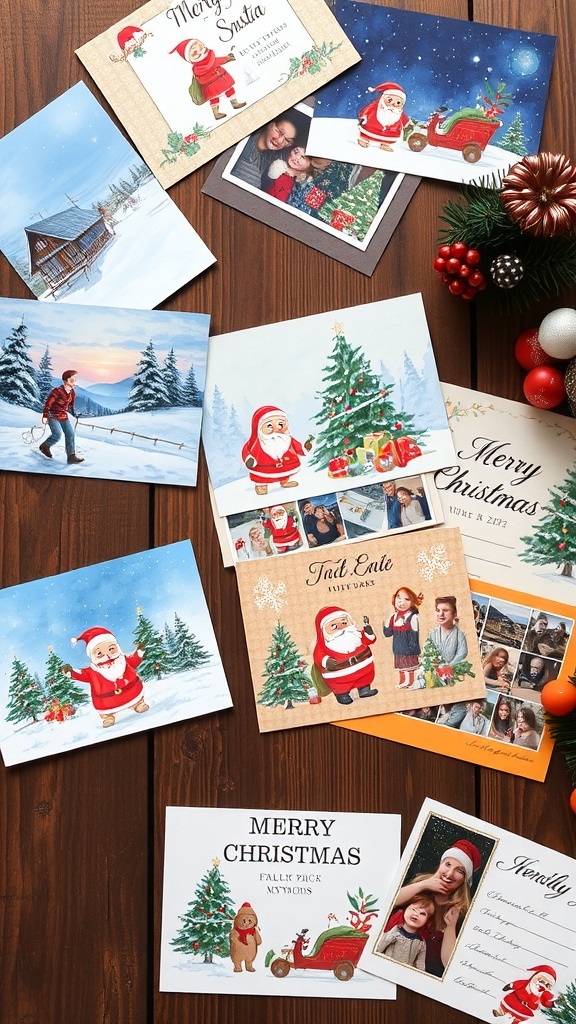 Creative Christmas Postcard Ideas A variety of Christmas postcards with different designs on a wooden table.